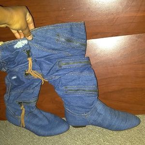 Blue denim knee high boot