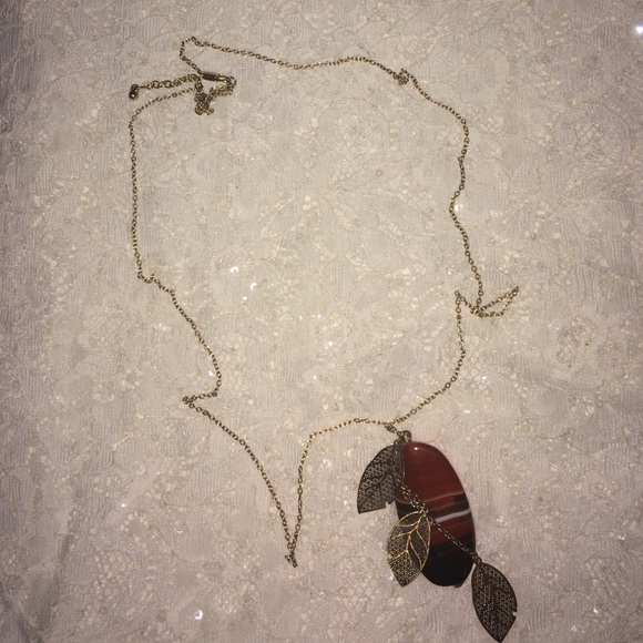 Feather and polished stone long necklace