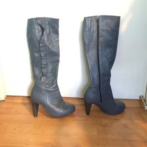 Grey knee length leather heeled boots Crocs