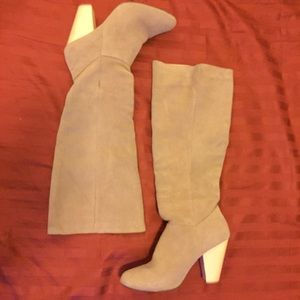 Taupe suede high heel knee high boots