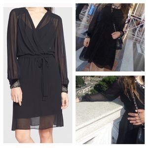 Black Embellished Cuffs Faux Wrap Chiffon Dress