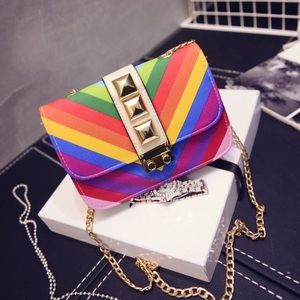 Rainbow Color Lock Rockstud Shoulder Bag
