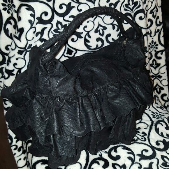 Dollhouse Handbags - Black Ruffled Leather  Bag