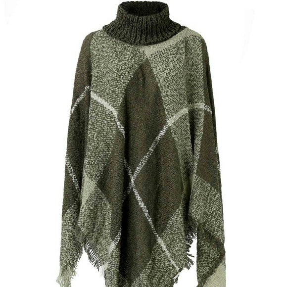 Womens Winter gray Sweater Fringe Poncho Pla
