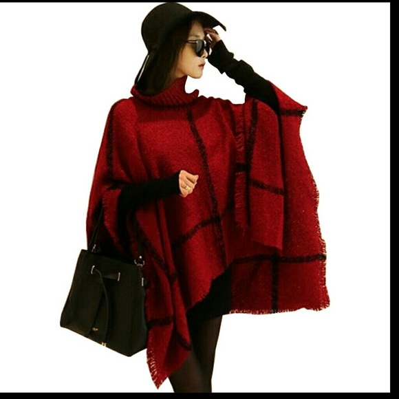 Wine Red Womens Winter Sweater Fringe Poncho