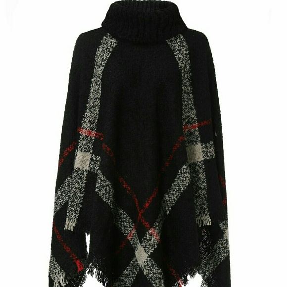 Womens Winter Black Sweater Fringe Poncho.