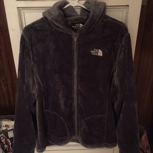 Grey hooded fuzzy Northface jacket