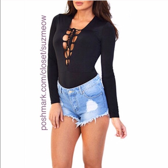New! Black Lace Up Bodysuit • Size L left - Picture 2 of 3