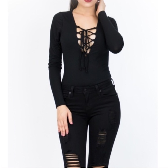 New! Black Lace Up Bodysuit • Size L left - Picture 3 of 3