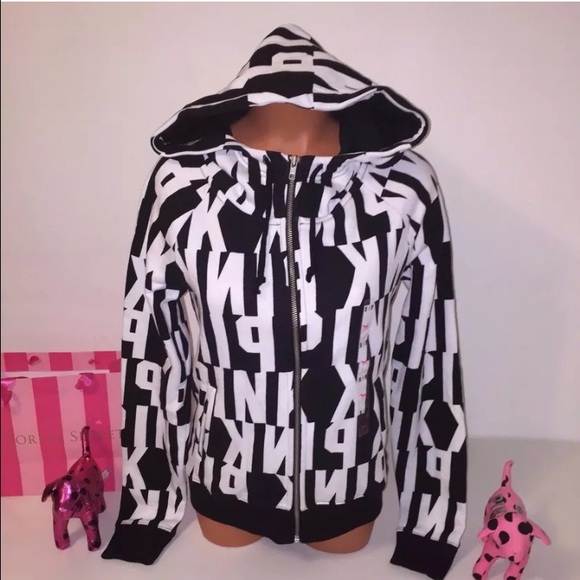 🚫SOLD🚫NEW PINK VS FULL ZIP LOGO ALL OVER HOODED - Picture 2 of 4
