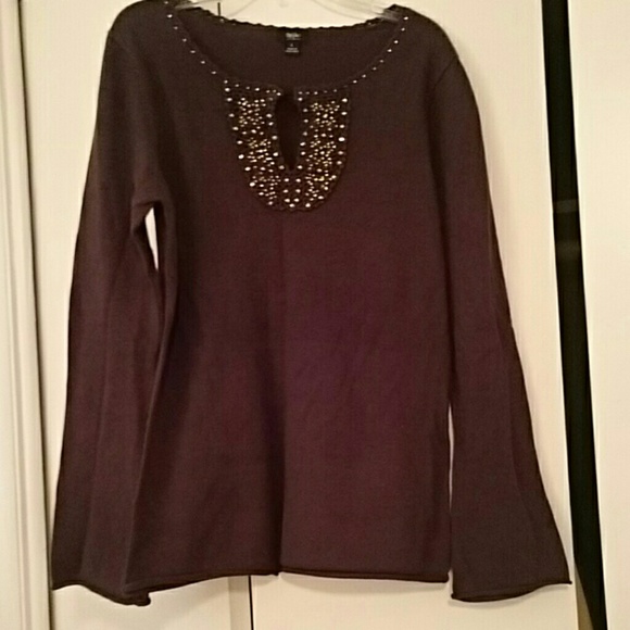 Brown, bell-sleeve gold beaded detail sweater