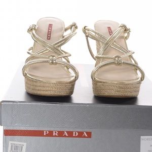 Prada Metallic Leather Wedge Espadrille Sandals
