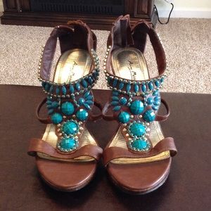 Turquoise/brown sandal heels