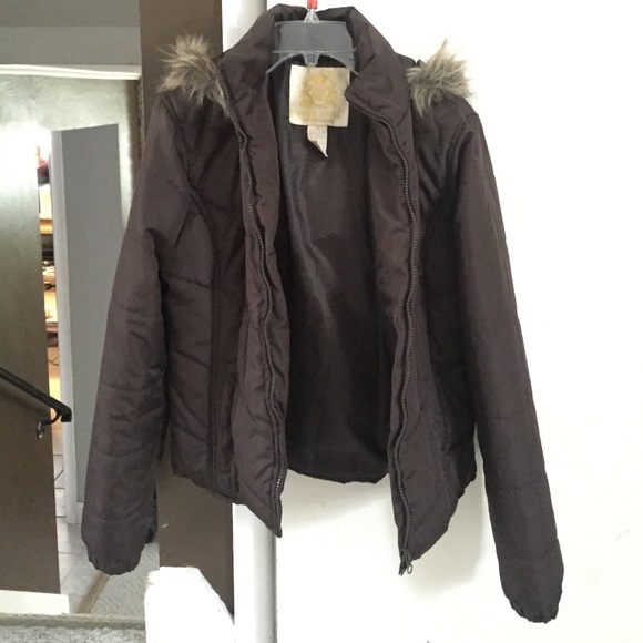 Brown coat with a fur trimmed hood