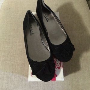 GLAZE Black suede ballet flats.