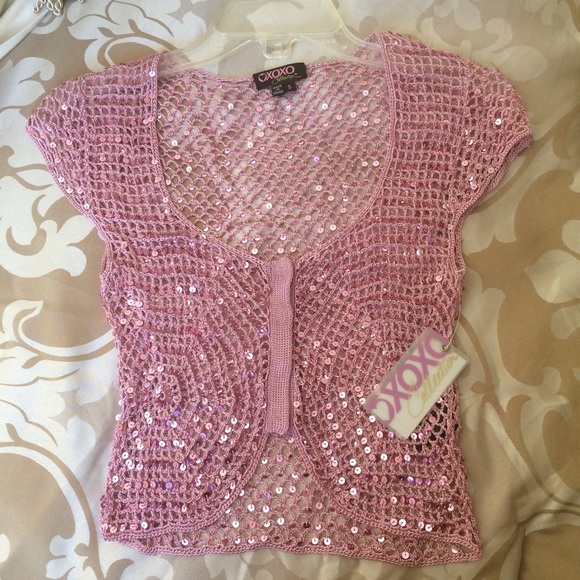 Crochet Sequin Cardigan, Pink, Size Small