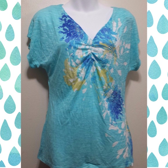 Apt 9 Aqua Floral Embellished V-Neck Blouse - Picture 1 of 4