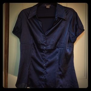 Button down navy satin blouse