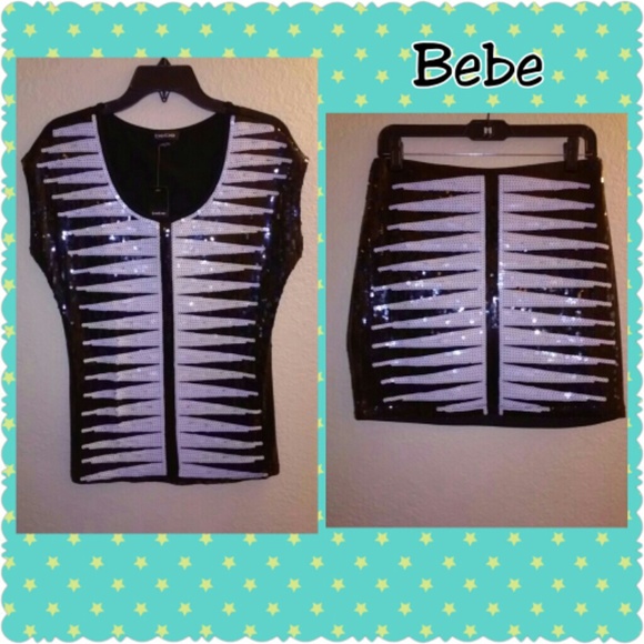 Bebe Black and White Sequin Blouse