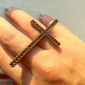 Double Finger Black Gemstone RusticGold Cross Ring