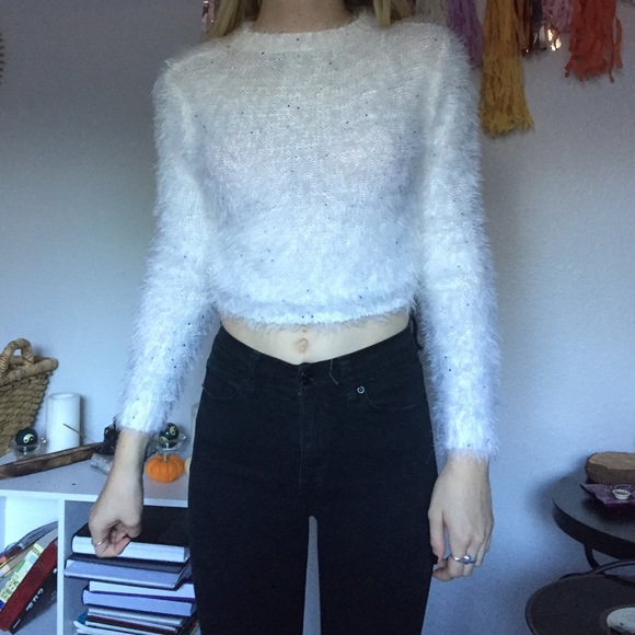 white furry sweater with beads