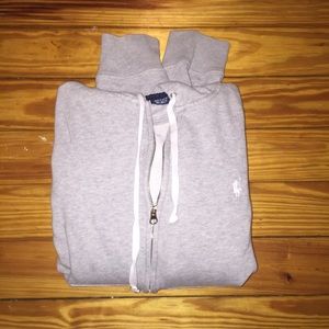 Gray, Ralph Lauren sweatshirt.