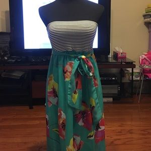 Strapless floral/striped sundress