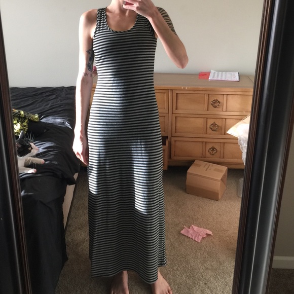 Pink Rose Striped Black/Grey Maxi Dress