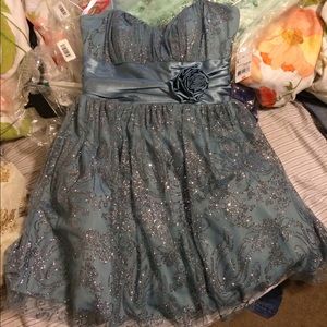 Short Steel Blue Glitter Rosette Dress