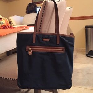 Michael kors navy nylon and leather tote bag
