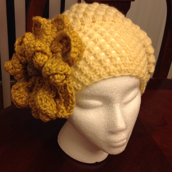 handmade Accessories - SOLD HANDMADE SLOUCHY HAT WITH LARGE FLOWER
