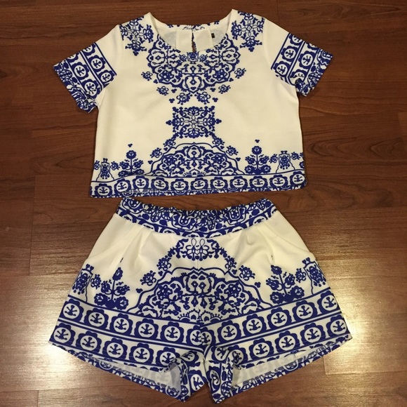 Blue and White Crop top and high waisted shorts