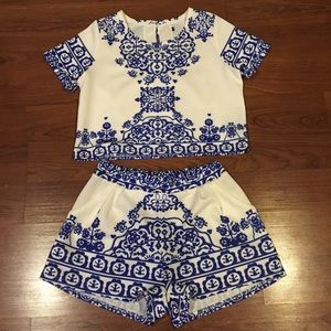 Blue and White Crop top and high waisted shorts