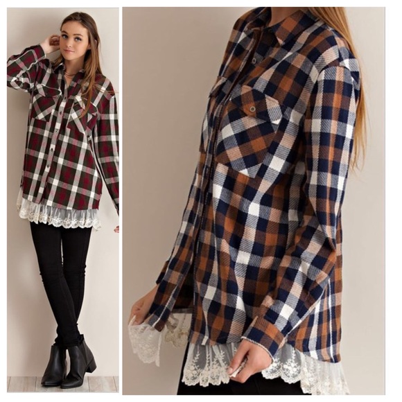 TEXTURED CHECK PATTERN WITH LACE HEM BUTTON DOWN - Picture 2 of 4