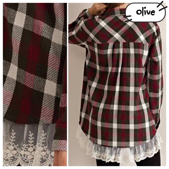 TEXTURED CHECK PATTERN WITH LACE HEM BUTTON DOWN - Picture 3 of 4