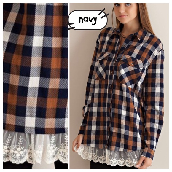 TEXTURED CHECK PATTERN WITH LACE HEM BUTTON DOWN - Picture 4 of 4