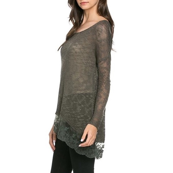 Charcoal lace sweater knit top