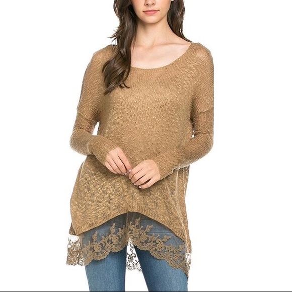 Camel lace sweater knit top