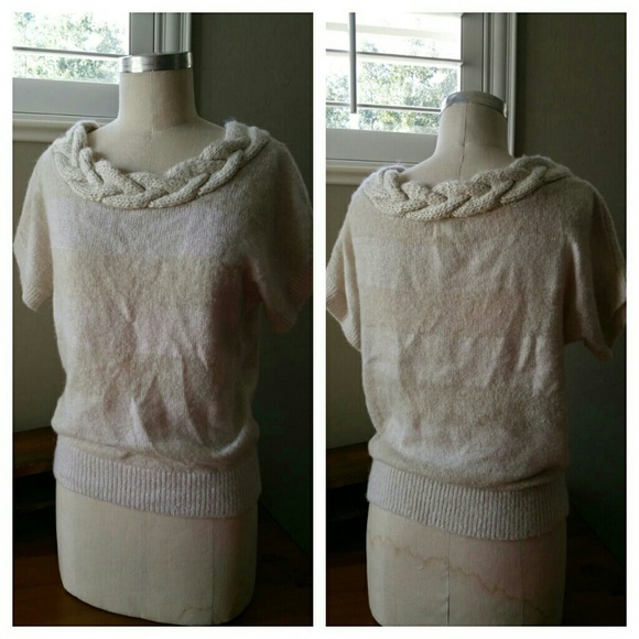 Beige Striped Sweater with Cable Braid Neckline