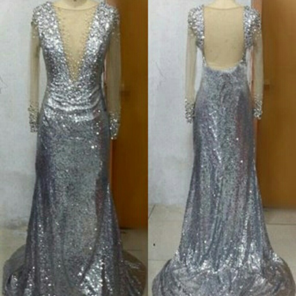 Sexy Backless Deep V Neck See Through Bling Dress