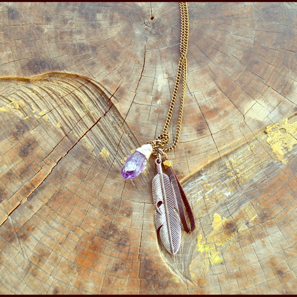 Feather leather and crystal necklace