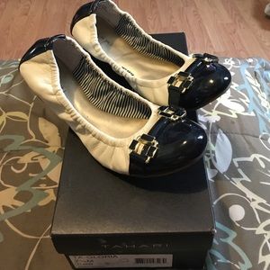 Tahari Ballet flats: ivory/indigo.