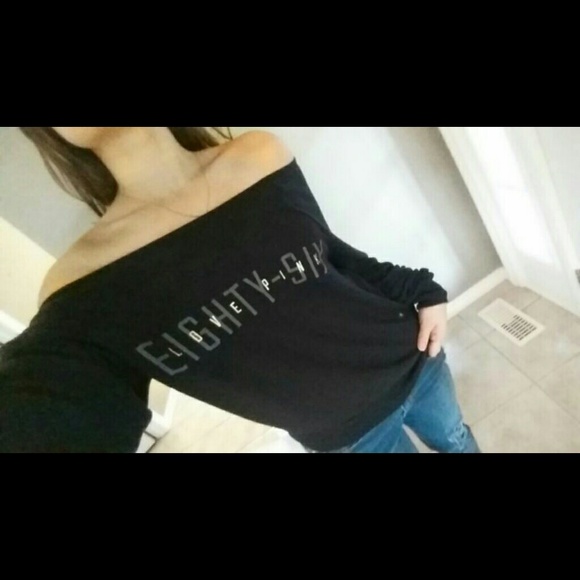 SOLD!! PINK Black Off-the-Shoulder Crew Sweater