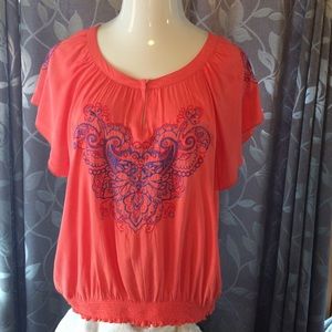 ONE WORLD Peasant blouse w/ short sleeves in coral