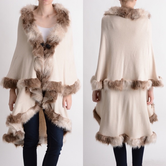 X "Blithe" Fur Trim Poncho Wrap Cardigan - Picture 3 of 4
