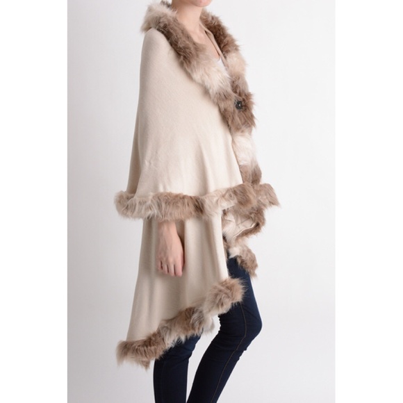 X "Blithe" Fur Trim Poncho Wrap Cardigan - Picture 4 of 4