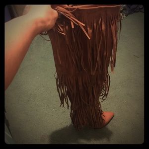 Thigh high fringe boots cognac color