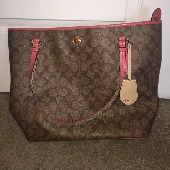 Tan and coral pink 100% authentic large Coach bag