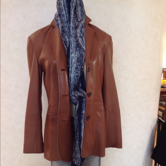 Cognac Single Breasted Leather Blazer Size 6 - Picture 2 of 4