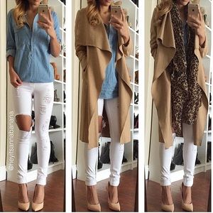CAMEL DRAPED OPEN-FRONT LONG COAT